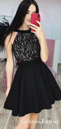 Cute A Line Round Neck Lace Black Short Homecoming Dresses, QB0866