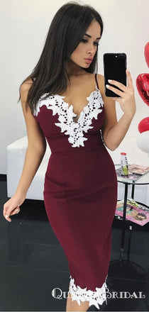 Burgundy Spaghetti Straps Sheath Lace 2019 Homecoming Dresses with Applique, QB0899