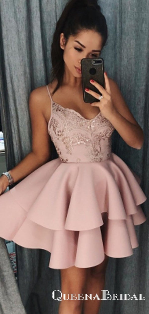 Elegant Spaghetti-Straps Sequins Pink Short Cheap Homecoming Dresses, QB0832