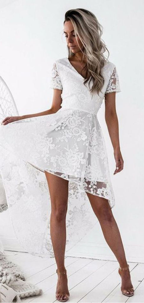 Sexy  V-Neck Short Sleeves White Lace High Low Cheap Homecoming Dresses, QB0075