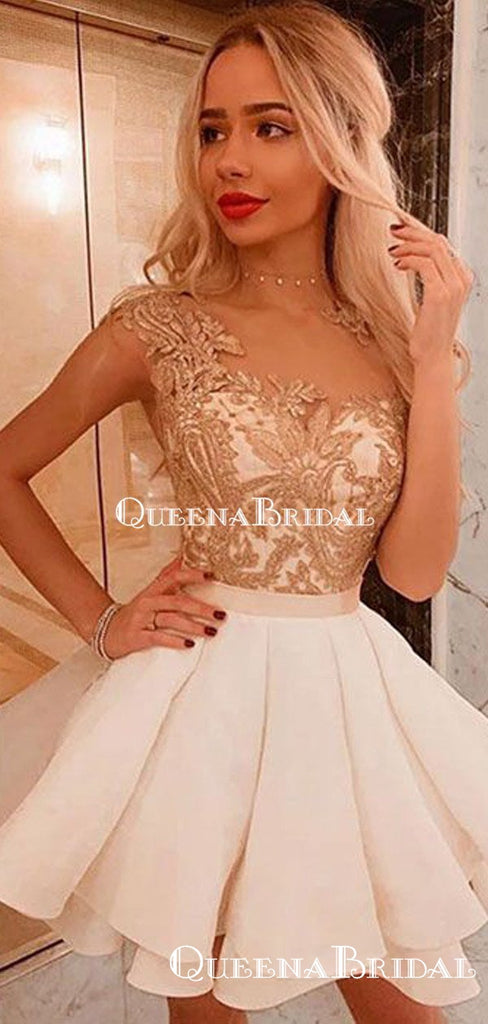 Charming Illusion Champagne A-line Short Cheap Party Homecoming Dresses, HDS0026