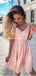 Spaghetti Strap Pink Lace A-line Short Cheap Party Homecoming Dresses, HDS0037