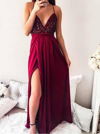 Sexy Backless Sequin Dark Red Cheap Long Evening Prom Dresses, QB0378