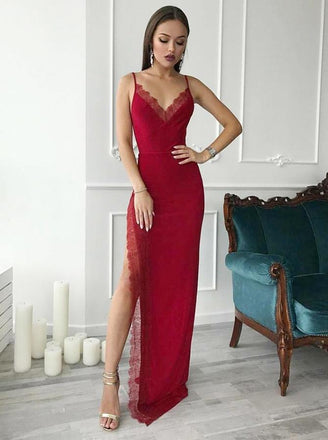 Red Spaghetti Straps Mermaid Side Slit Long Evening Prom Dresses, QB0435