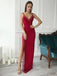 Red Spaghetti Straps Mermaid Side Slit Long Evening Prom Dresses, QB0435