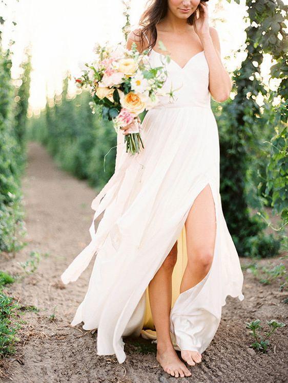 Casual Spahgetti Straps V Neck Side Slit Simple Beach Wedding Dresses, QueenaBridal Casual Spahgetti Straps V Neck Side Slit Simple Beach Wedding Dresses, QueenaBridal