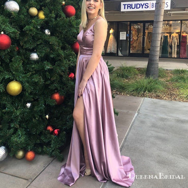 Simple Pink Spaghetti Strap Long Cheap Prom Dresses with Cross Back, QB0664