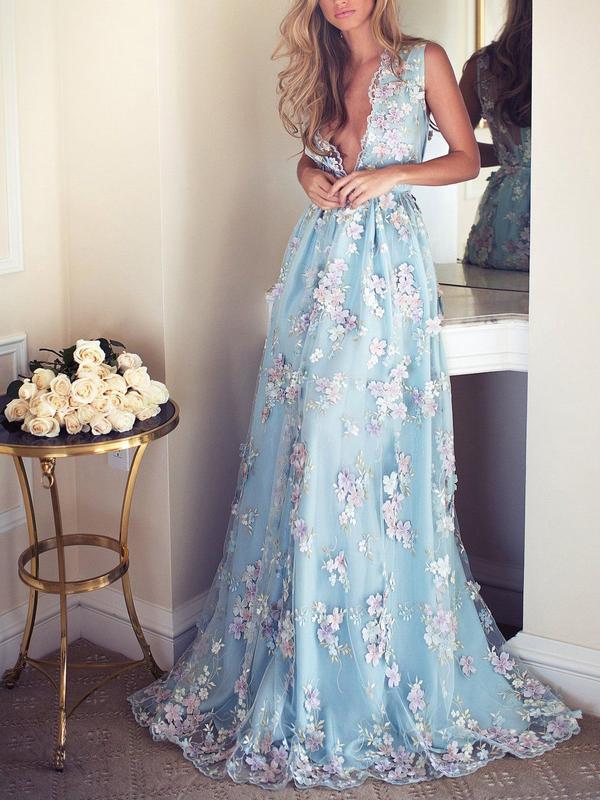 Sky Blue Floral Prom Dresses See Through Embroidery Formal Dress Eveni QueenaBridal Sky Blue Floral Prom Dresses See Through Embroidery Formal Dress Eveni QueenaBridal
