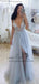 Deep V-Neck Beaded Sky Blue Tulle Formal Prom Dresses With Side Slit, QB0463