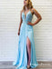 Deep V-neck  Lace-Up Long Cheap Sky Blue Prom Dresses with Appliques, QB0766