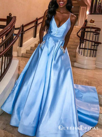 A-Line Sky Blue Satin Spaghetti Straps Prom Dresses With Pocket, QB0714