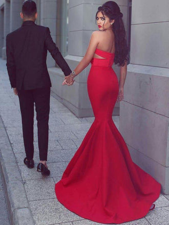 Red Strapless Sweetheart Neck Simple Cheap Mermaid Prom Dresses, QB0297