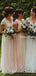 Charming V-neck Cap Sleeves Blush Pink Tulle A-line Long Cheap Lace Appliqued Bridesmaid Dresses, BDS0005