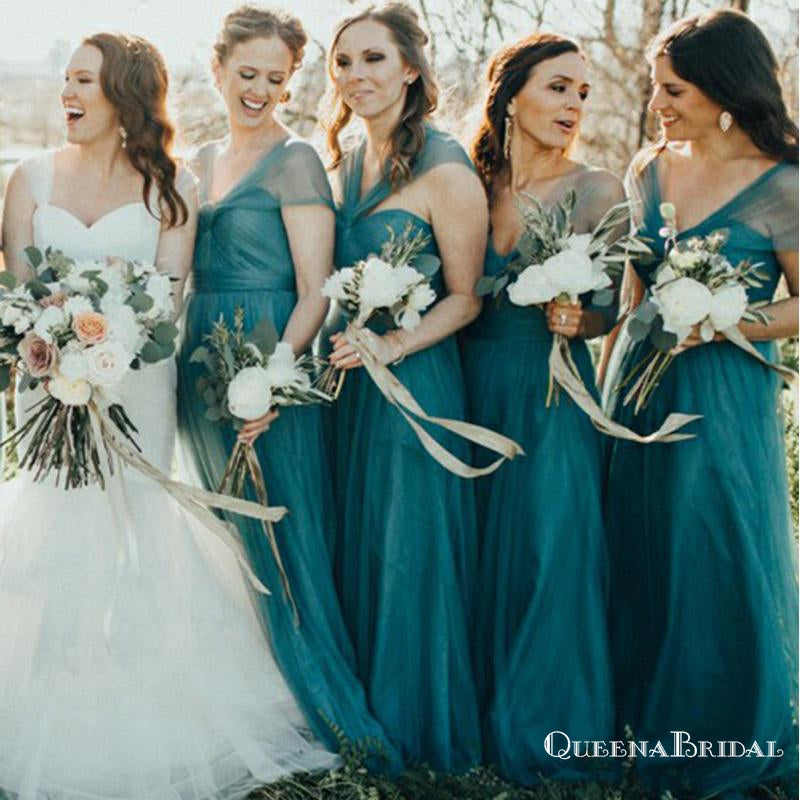 A-Line V-Neck Long Cheap Turquoise Tulle Bridesmaid Dresses, QB0702