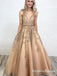 Ball Gown V Neck Open Back Gold Lace Long Prom Dresses with Beading, QB0583
