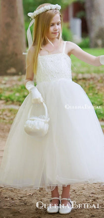 Popular Spaghetti Strap Ivory Tulle A-line Long Cheap Flower Girl Dresses, FGS0013