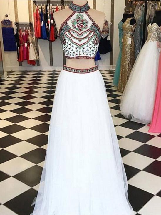 Two Piece Halter Embroidered Boho Prom Dresses White A Line Long Forma QueenaBridal Two Piece Halter Embroidered Boho Prom Dresses White A Line Long Forma QueenaBridal