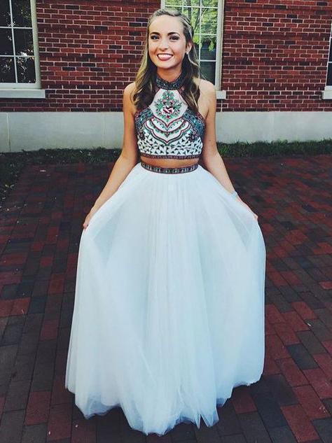 Two Piece Halter Embroidered Boho Prom Dresses White A Line Long Forma QueenaBridal Two Piece Halter Embroidered Boho Prom Dresses White A Line Long Forma QueenaBridal