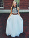 Two Piece Halter Embroidered Boho Prom Dresses White A Line Long Formal Dresses, QB0293