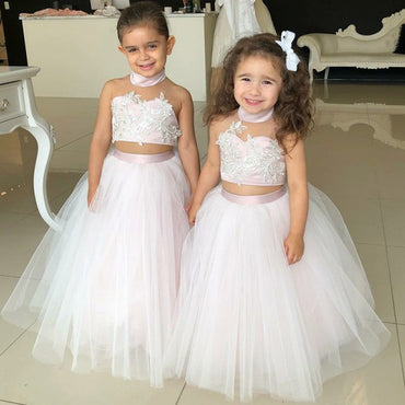 Two Piece Ball Gown Halter Blush Pink Flower Girl Dresses with Appliques, QB0228
