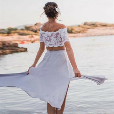 Two Piece Off-Shoulder Light Grey Chiffon Cheap Bridesmaid Dresses with Lace, QB0151