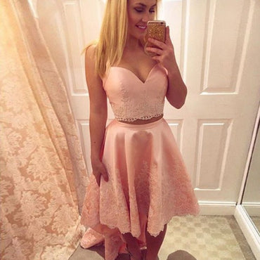 Two Piece Spaghetti Strap High Low Pink Satin Homecoming Dresses With Lace Applique, QB0199