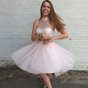 Two Piece High Neck Beading Short Cheap Pink Tulle Homecoming Dresses, QB0181