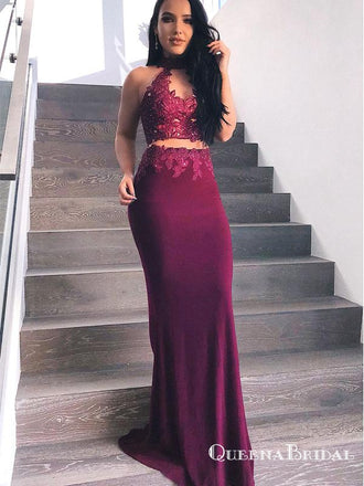Sheath Round Neck Keyhole Burgundy Stretch Satin Prom Dresses with Appliques, QB0683