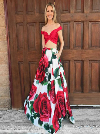 Two Piece Spaghetti Straps Floral Red Satin Prom Dresses with Bow Pockets, QB0252
