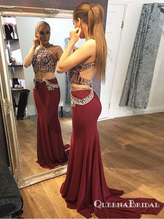 Two Piece Halter Open Back Long Burgundy Prom Dresses with Beading, QB0499