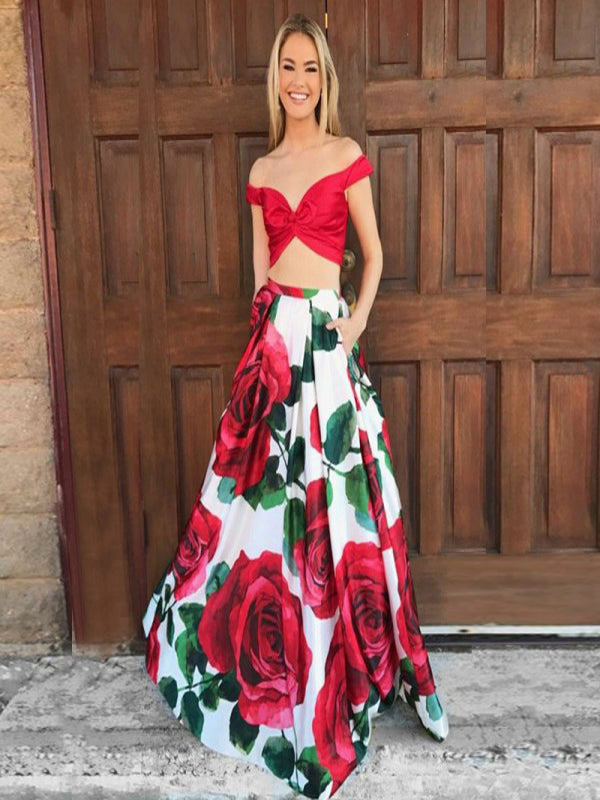 Two Piece Spaghetti Straps Floral Red Satin Prom Dresses with Bow Pock QueenaBridal Two Piece Spaghetti Straps Floral Red Satin Prom Dresses with Bow Pock QueenaBridal