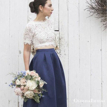 Two Piece Crew Short Sleeves Navy Blue Satin Bridesmaid Dresses with Lace, QB0810