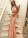 Two Piece Cross Neck Long Blush Pink Prom Dresses with Keyhole, QB0528