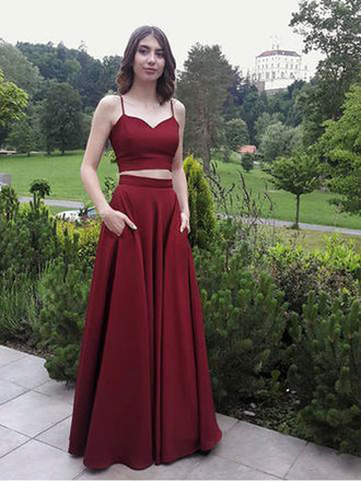 Two Pieces Burgundy Spaghetti Strap Long Cheap Prom Dresses, QB0462