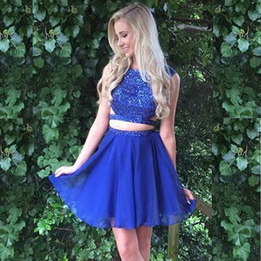 Two Piece Jewel Short Cheap Royal Blue Homecoming Dresses with Beading, QB0177