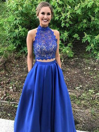 Two Piece High Neck Open Back Royal Blue Satin Prom Dresses with Lace Pockets, QB0245