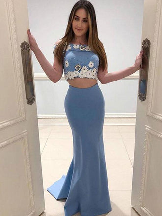Sexy Off Shoulder Two Pieces Blue Long Cheap Evening Prom Dresses, QB0416