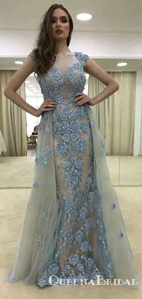 Sheath Illusion  Cap Sleeve Blue Tulle Prom Dresses with Appliques, QB0577