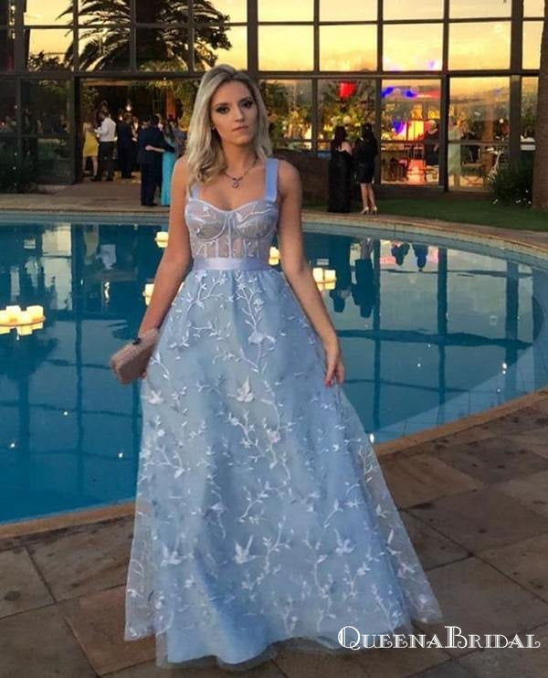 Fancy Newest Light Blue Spaghetti Strap Long Cheap Lace Prom Dresses, QueenaBridal Fancy Newest Light Blue Spaghetti Strap Long Cheap Lace Prom Dresses, QueenaBridal