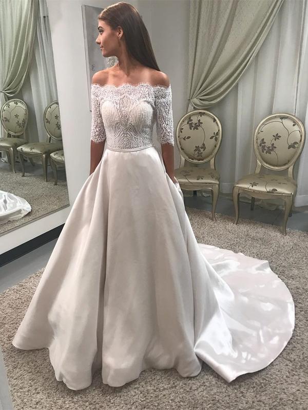 Off Shoulder Lace Modest Long Sleeve Ball Gown Wedding Dresses With Po QueenaBridal Off Shoulder Lace Modest Long Sleeve Ball Gown Wedding Dresses With Po QueenaBridal