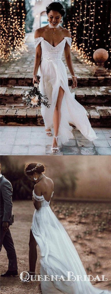 Simple Off Shoulder Long Cheap Side Slit Wedding Dresses With Applique, QB0812