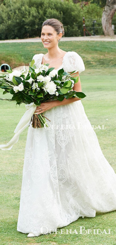 Short Sleeves Bateau Neckline Charming Elegant A-line Long Cheap Lace Wedding Dresses, QB0938