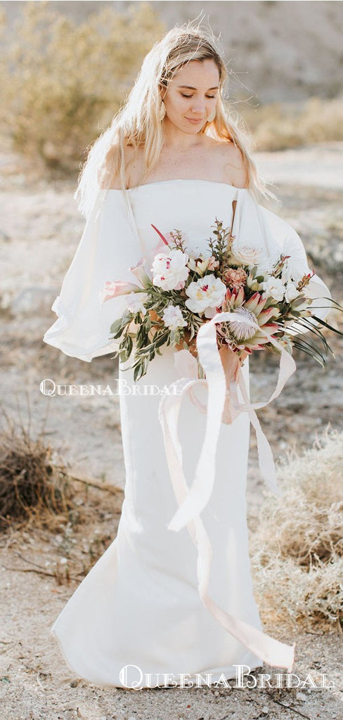 Off-The-Shoulder Long Sleeves Charming Simple Long Cheap Mermaid Wedding Dresses, QB0940
