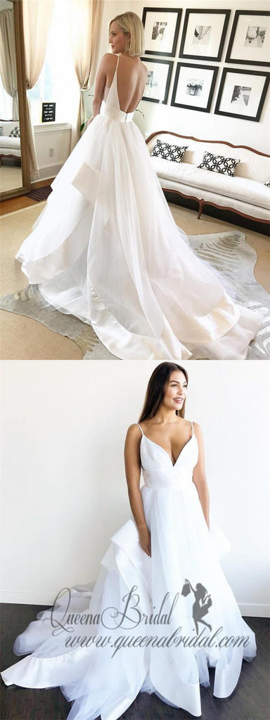 Spaghetti Strap V Neck Wedding Dresses Backless Layered Bridal Dresses, QB0354