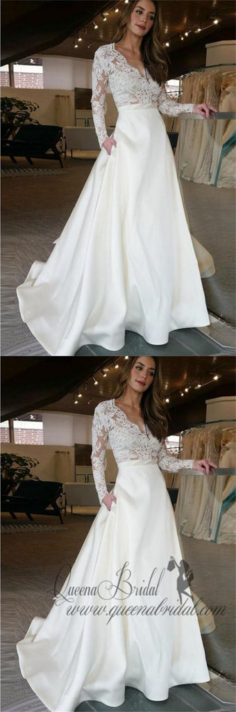 Long Sleeve Wedding Dresses See Through Lace Top Ivory Wedding Dresses, QB0352