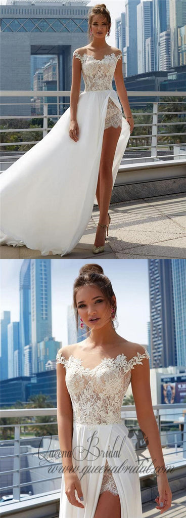 Off Shoulder See Through Cheap Wedding Dresses Online, Side Slit A-line Bridal Dresses, QB0383