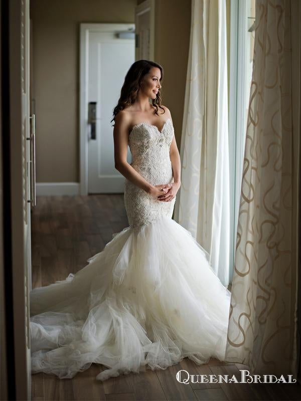 Elegant Sweetheart Off-White Lace Mermaid Long Cheap Wedding Dresses, WDS0010