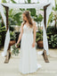 Charming V-neck Spaghetti Strap Ivory Chiffon Lace Appliqued Long Cheap Wedding Dresses, WDS0006