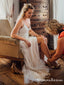 Charming V-neck Spaghetti Strap Off-White Tulle Lace Appliqued Long Cheap Wedding Dresses, WDS0001