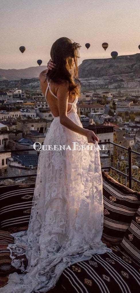 Sexy A-Line Straps Backless Court Train Lace Beach Long Wedding Dresses Online, QB0003